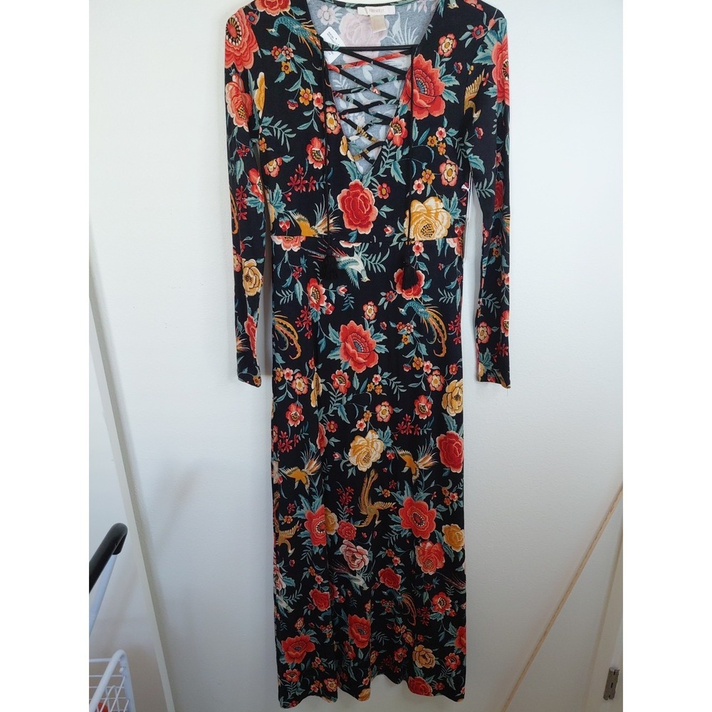 FOREVER 21 Floral Chiffon Maxi Dress Long Sleeve New Sz S Boho Casual Peasant